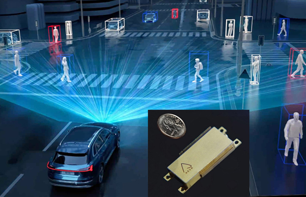 Aeva’s Aeries ii is said to be the first 4D lidar with camera-level resolution. Inset: the lidar unit scaled next to a US dime.