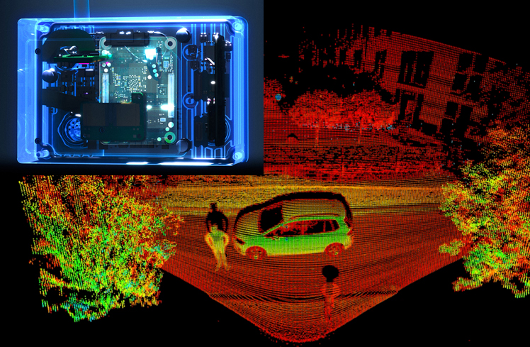 Blickfeld's qB2 compute module (inset) and a QB2 lidar point cloud street view.