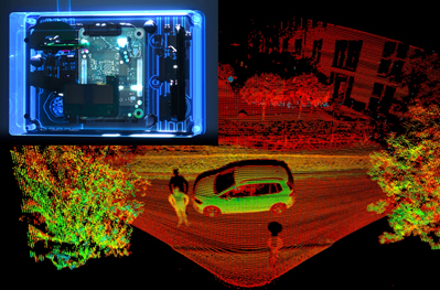 Blickfeld's qB2 compute module (inset) and a QB2 lidar point cloud street view.