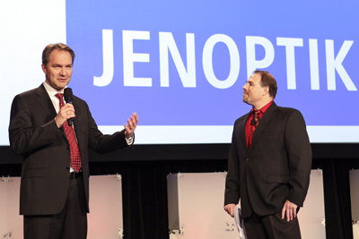 Startup sponsor Jenoptik's Ralf Kurschnereit with SPIE's Dirk Fabian