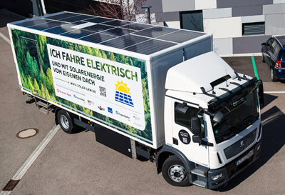 Solar modules integrated into truck’s box body across the entire roof.