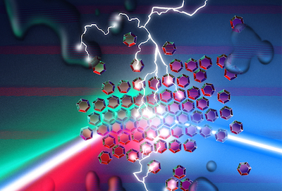 Colloidal quantum dots (hexagons) cast from solution onto a grating. Click for info.