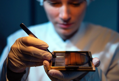 A Q.ANT employee inspecting a quantum chip.