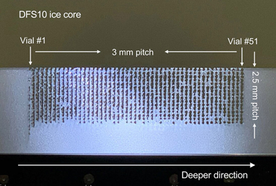 Discrete holes after sampling 150mm of Dome Fuji shallow ice core (East Antarctica).