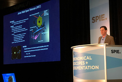 JWST’s Lee Feinberg speaking at the SPIE ATIS conference in 2018.