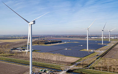 Sun and wind: Energy park Haringvliet Zuid in The Netherlands.